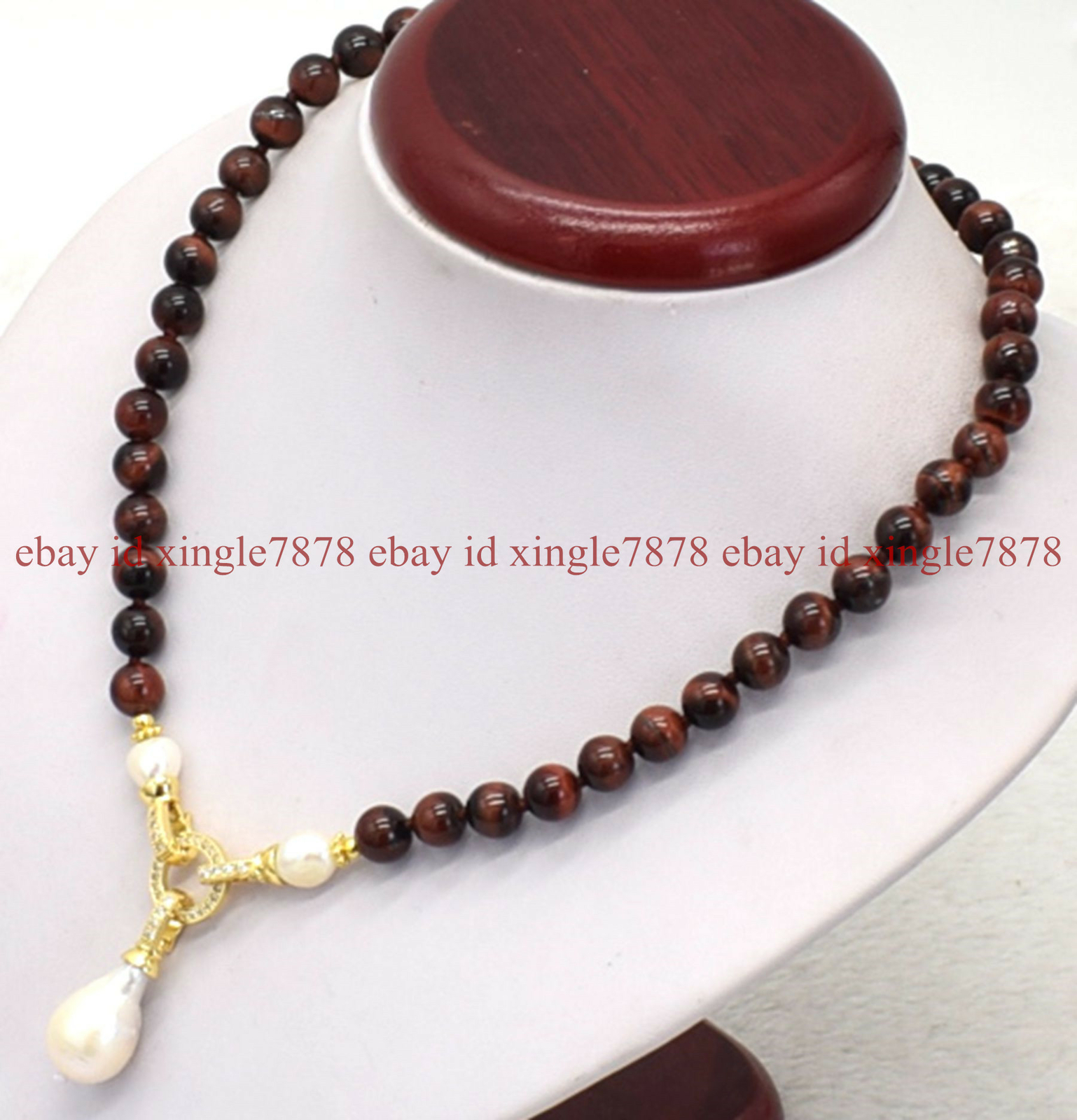 Natural 8mm 10mm Red Tiger’s Eye & Baroque White Keshi Pearl Pendant Necklace