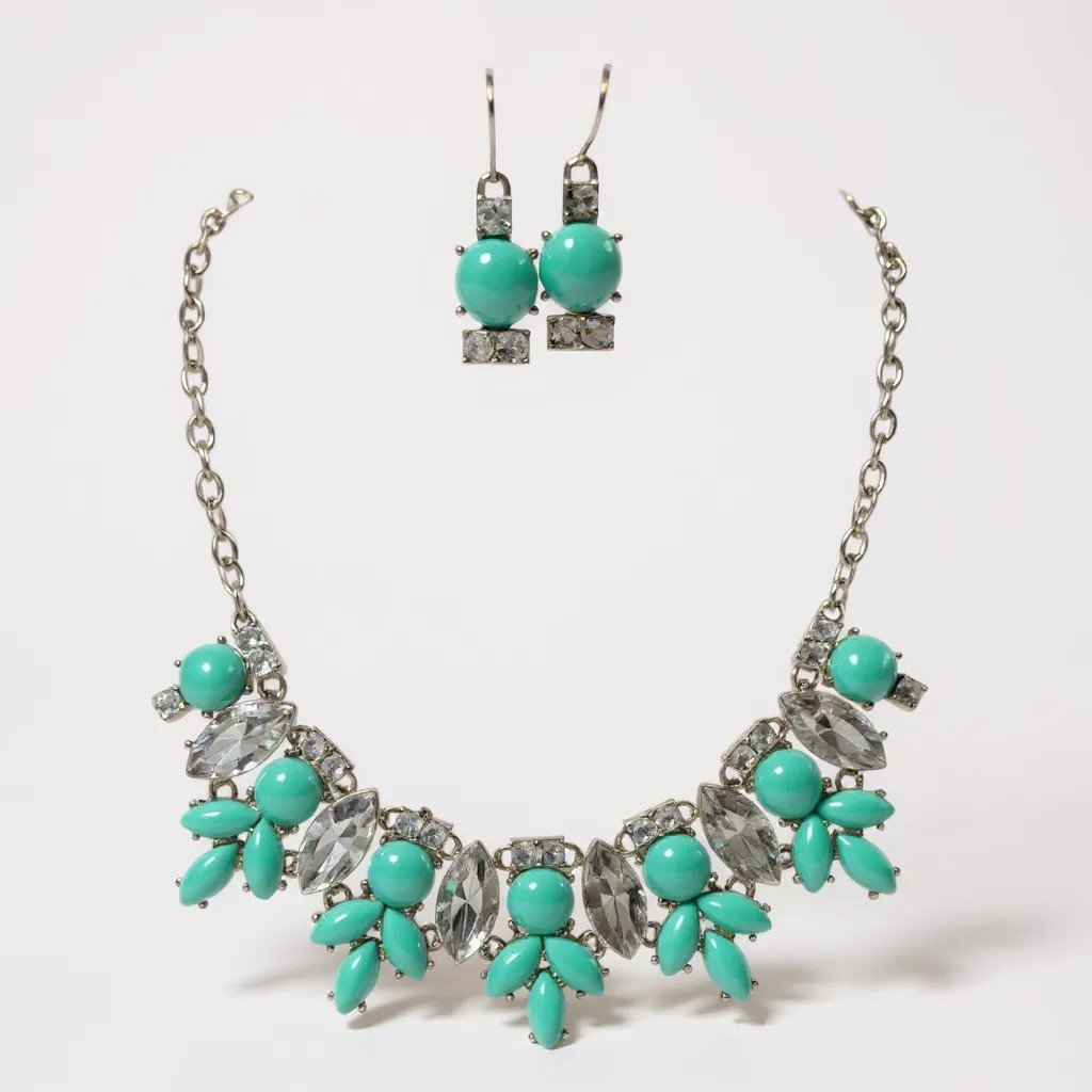 Mint Lucite Bead Stud With Clear crystalGold tone Base Statement Necklace Set