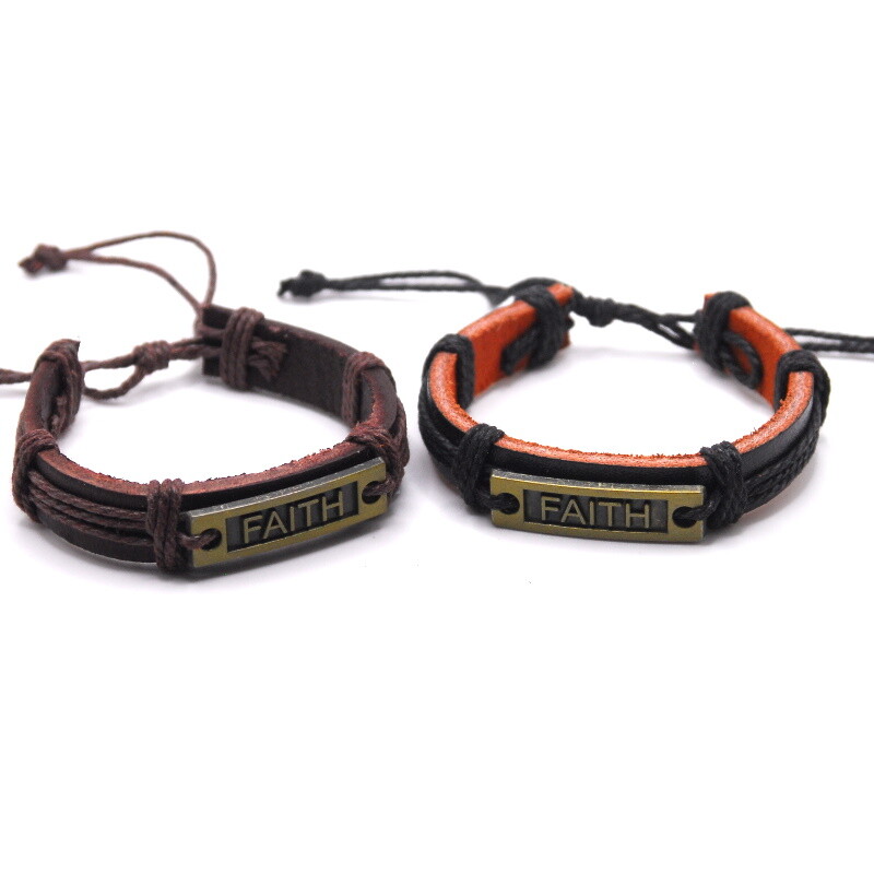 Faith Engraved Gold Silver Leather Brown Black Bracelet Adjustable