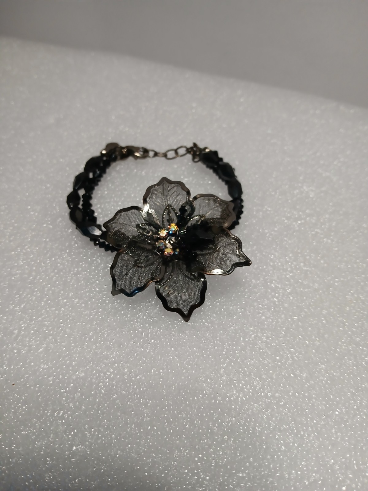 Black Beaded Three Strand Bracelet Mesh Flower Heart Charm Julie Boho Statement