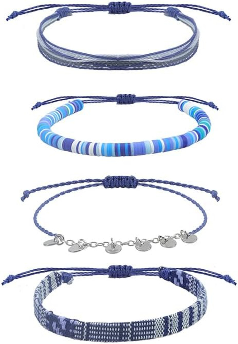 4pc Surfer Anklets for Men Waterproof String Rope Anklets Boho Clay Adjustable B
