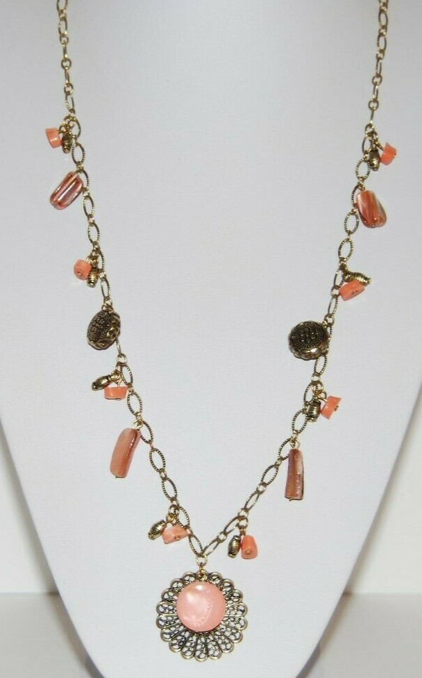 Gold Toned Metal Chain With Peach Color Stones & Charms Statement Long Necklace