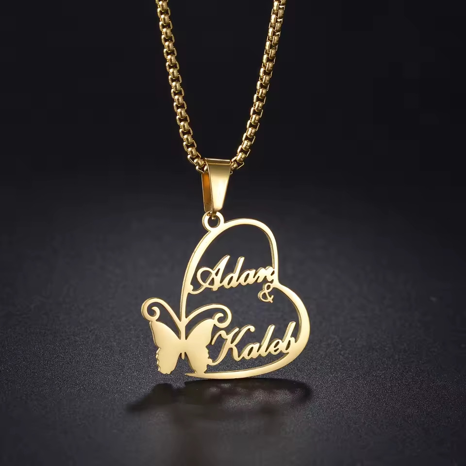 Custom Double Name Heart Butterfly Necklace Pendant Chain Jewelry Love Partner