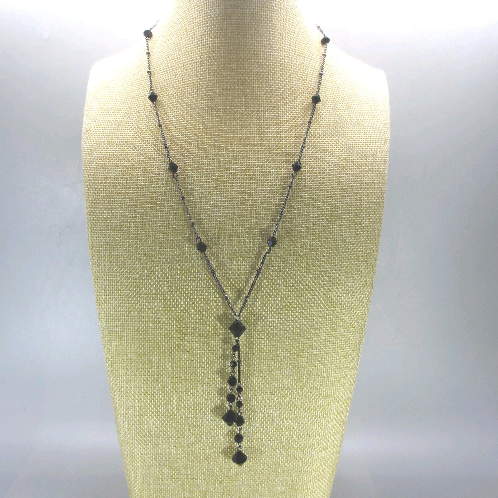 Glass Bead Necklace Y Drop Black 22 Inch