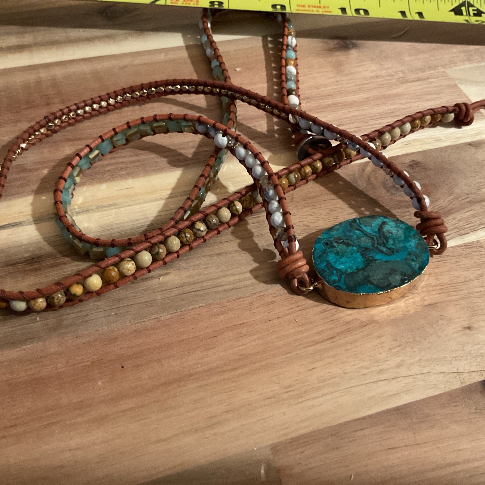 Blue Turquoise Color Stone Gold Edges Leather Beaded Necklace 17 Inches Long