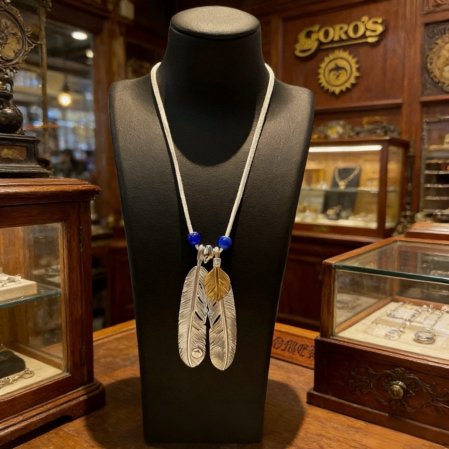 Goro’s Handmade Silver Double Feather Deerskin Cord Necklace