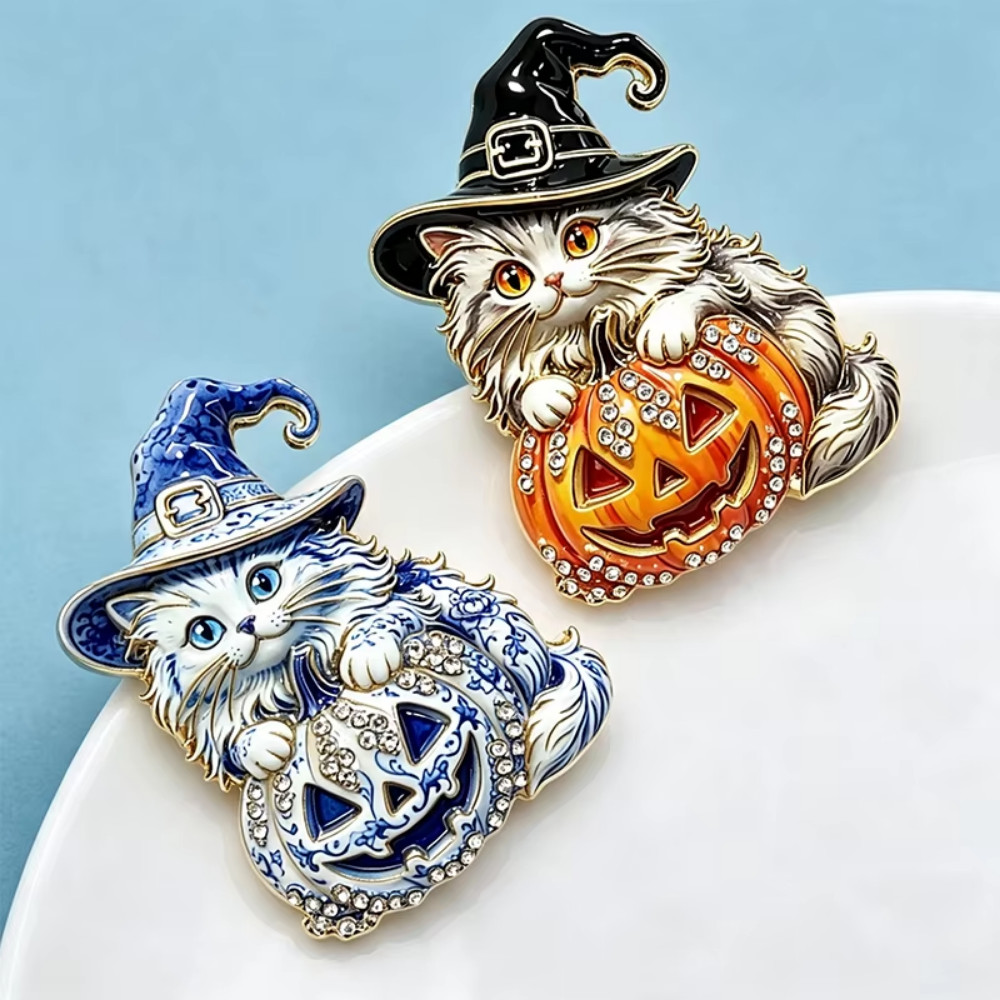Vintage Halloween Witch Cat Pumpkin Brooch Pin Gold Crystal Rhinestone Jewelry G