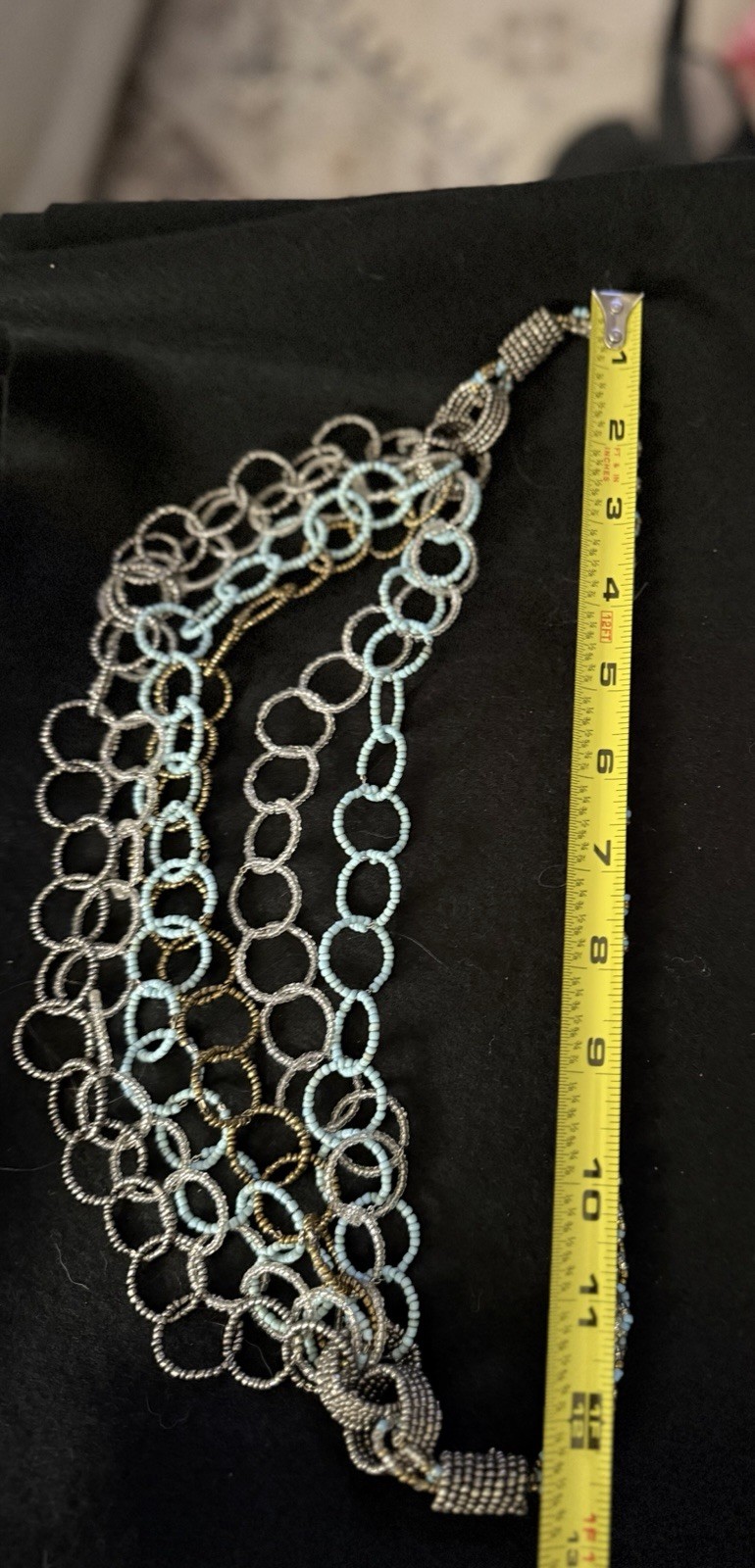 Statement Seed Bead Bib Necklace Blue Silver Gold Multi Strand Artisan Boho