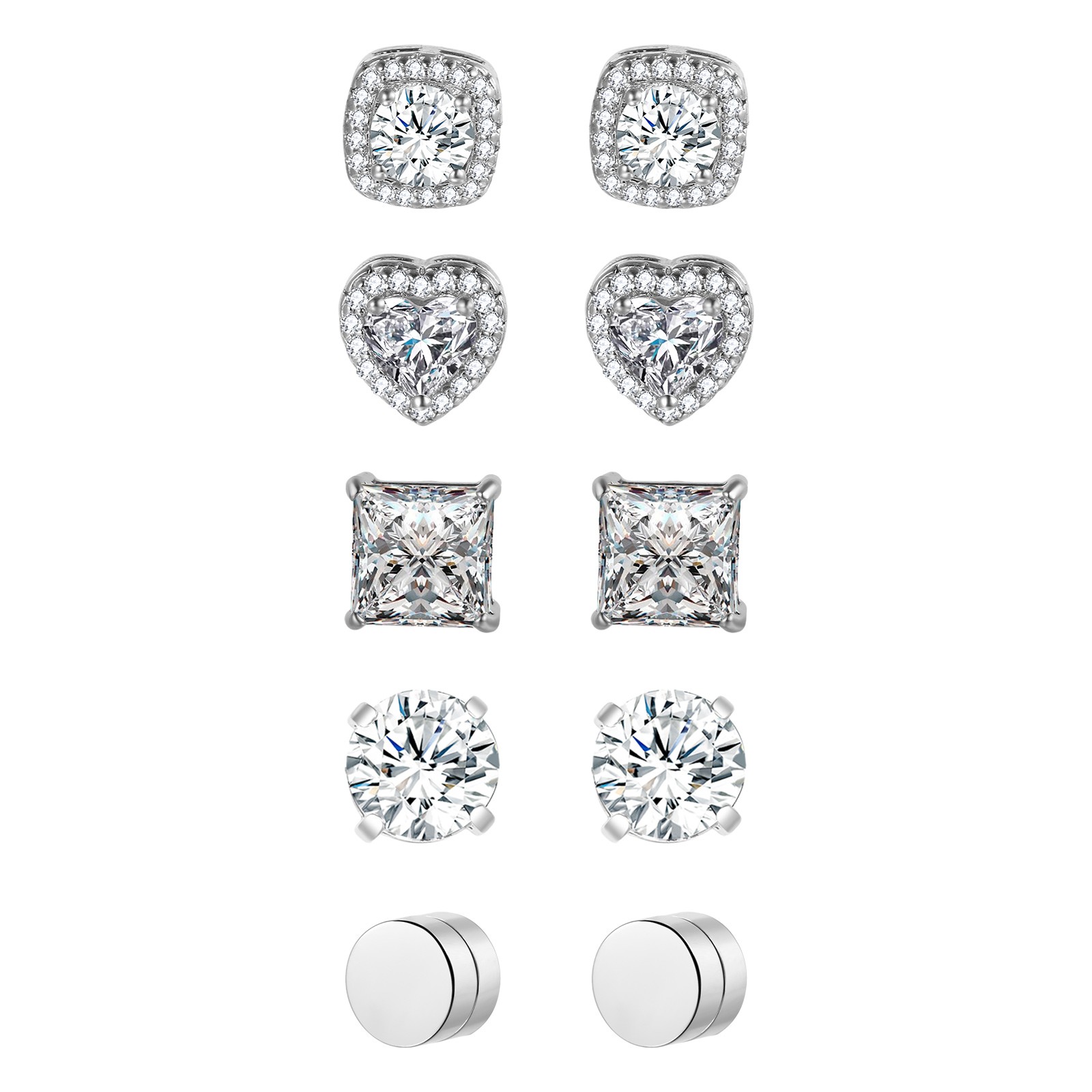 5Pairs CZ Stainless Steel Magnetic Earrings Non-Piercing Clip-On Studs Men Women