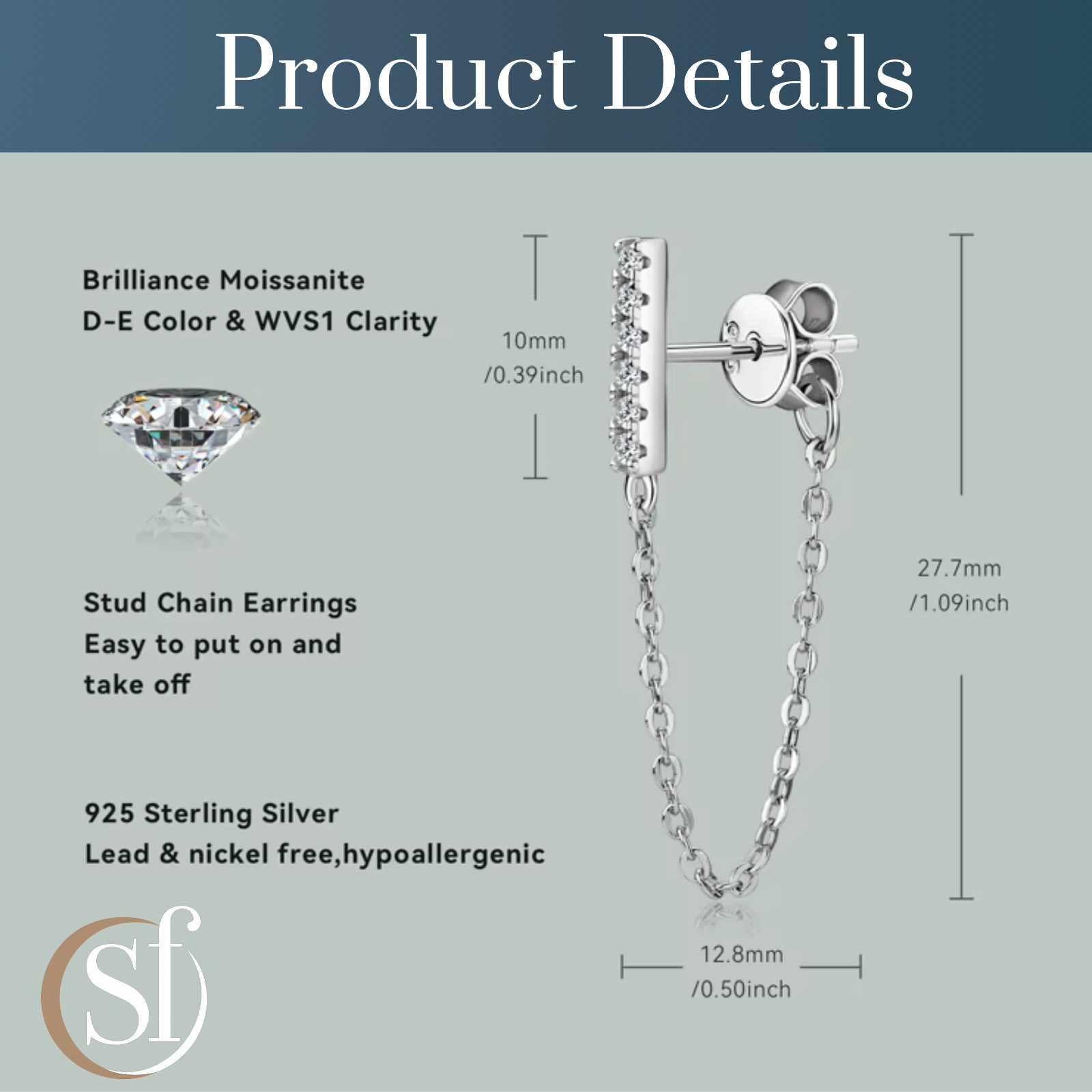 Moissanite Bar Chain Drop Earrings | Sterling Silver | 14K White or Yellow Gold