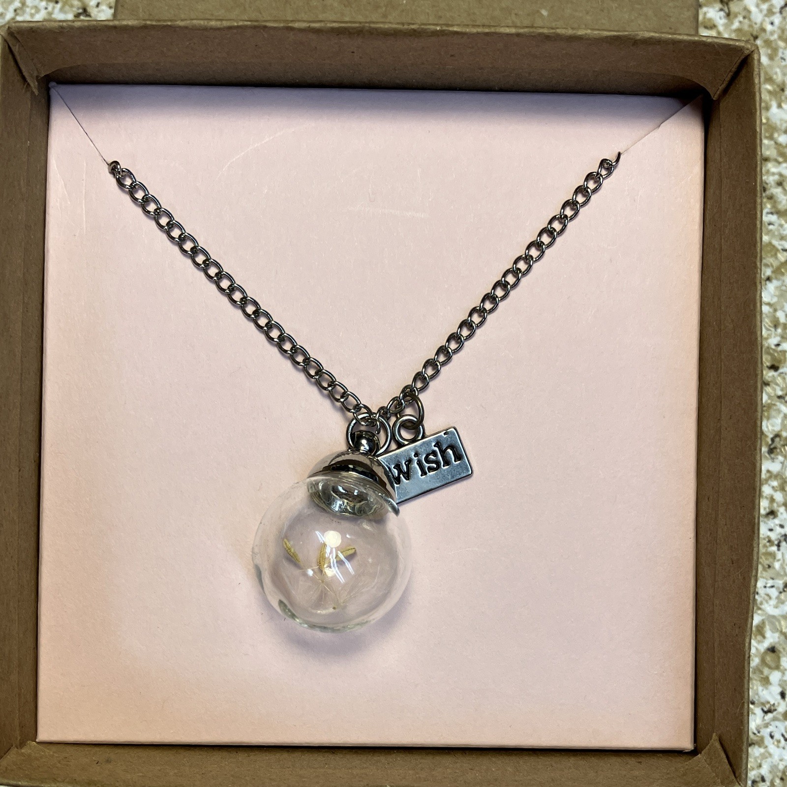 Silver Tone Cable Chain Necklace Clear Round Glass GlobePendant Wish Charm