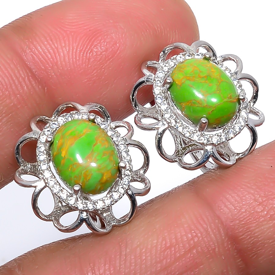 Green Copper Turquoise & CZ 925 Sterling Silver Earring 0.7″ T2733