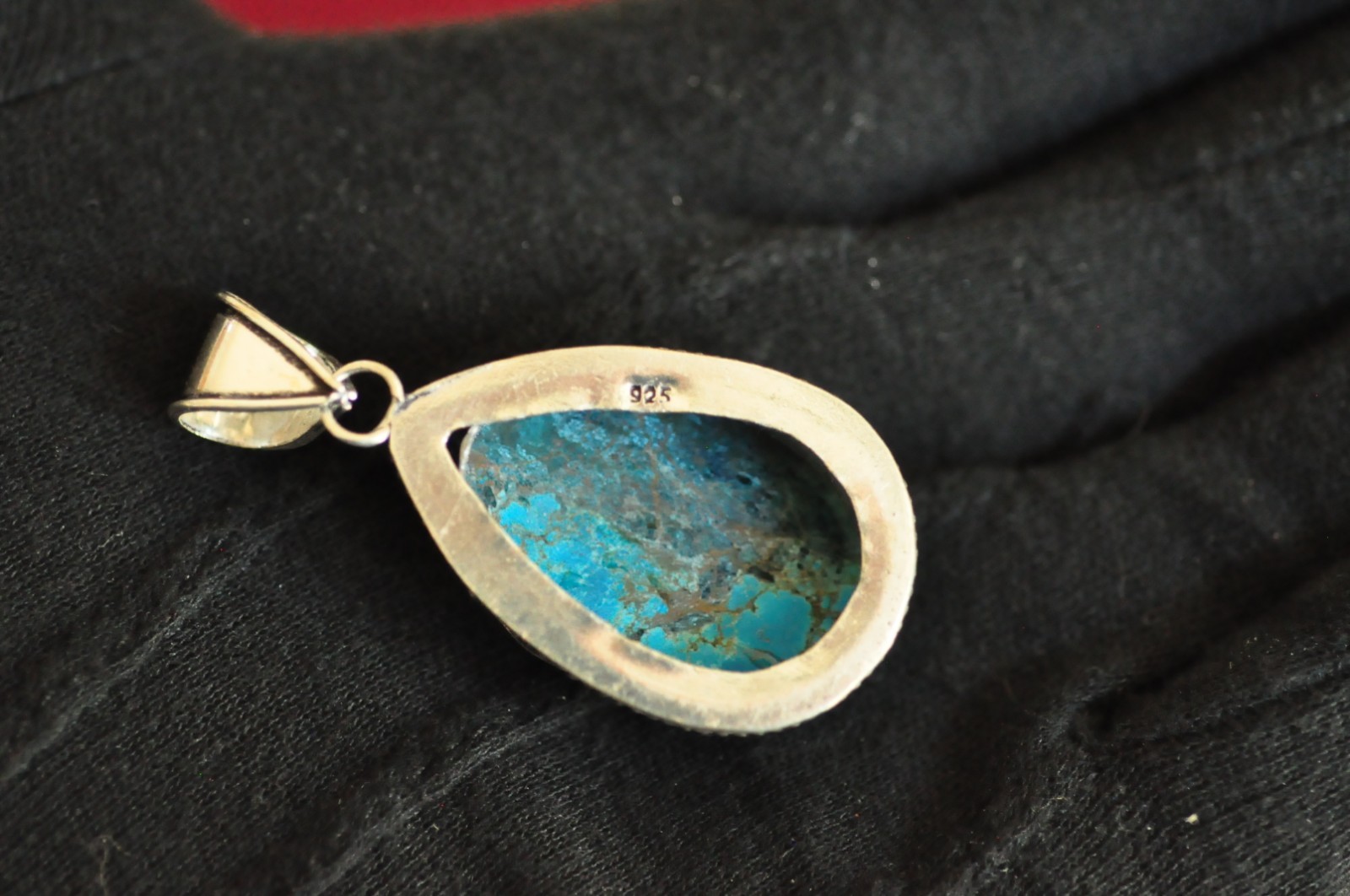 Unique Vintage Sterling Silver Turquoise Teardrop Pendant – 2″, 16g, Ornate 925