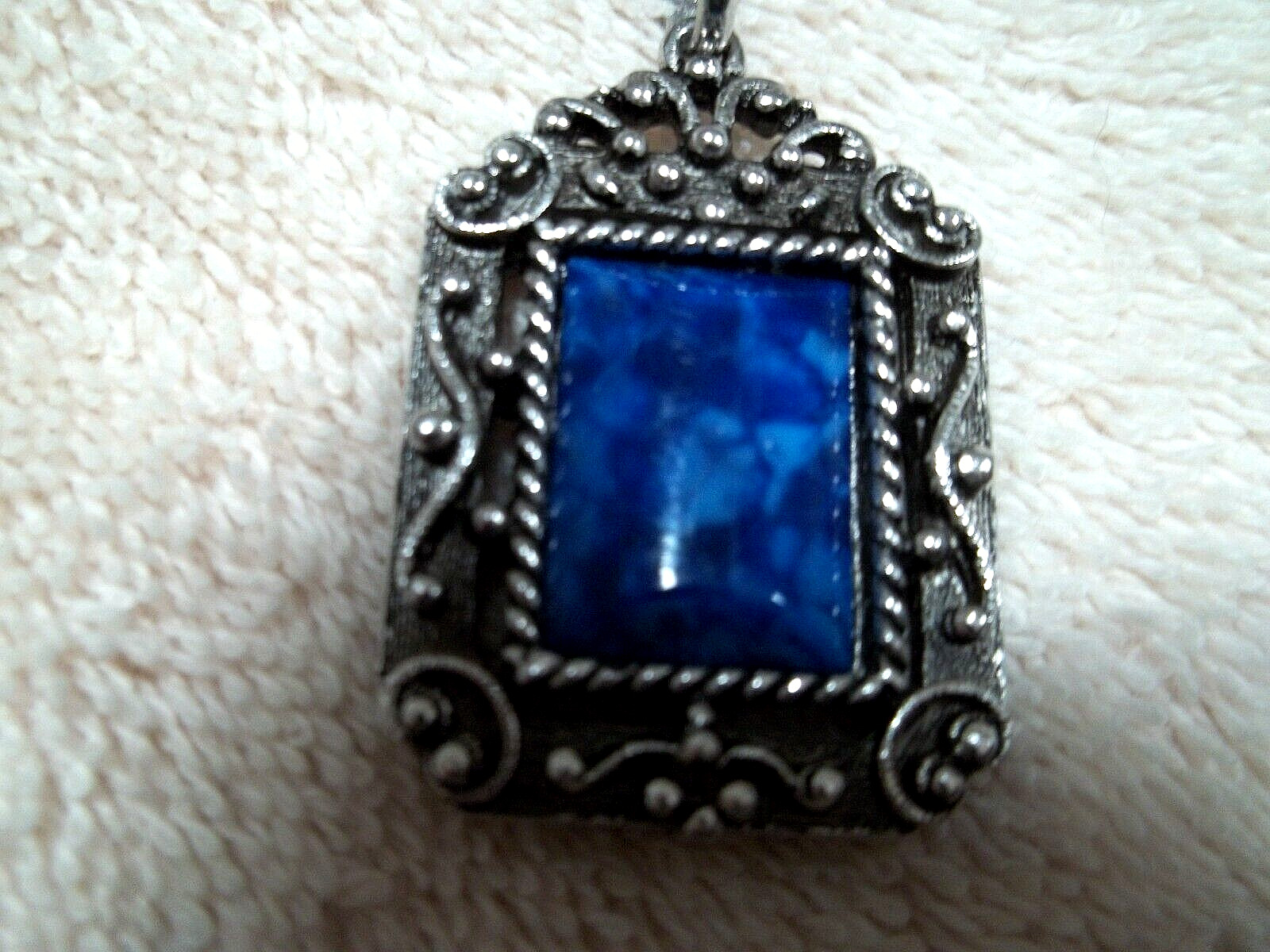Blue Marble Acrylic Stone Reversible Pendant, Silver Tone Metal, Nicely Detailed