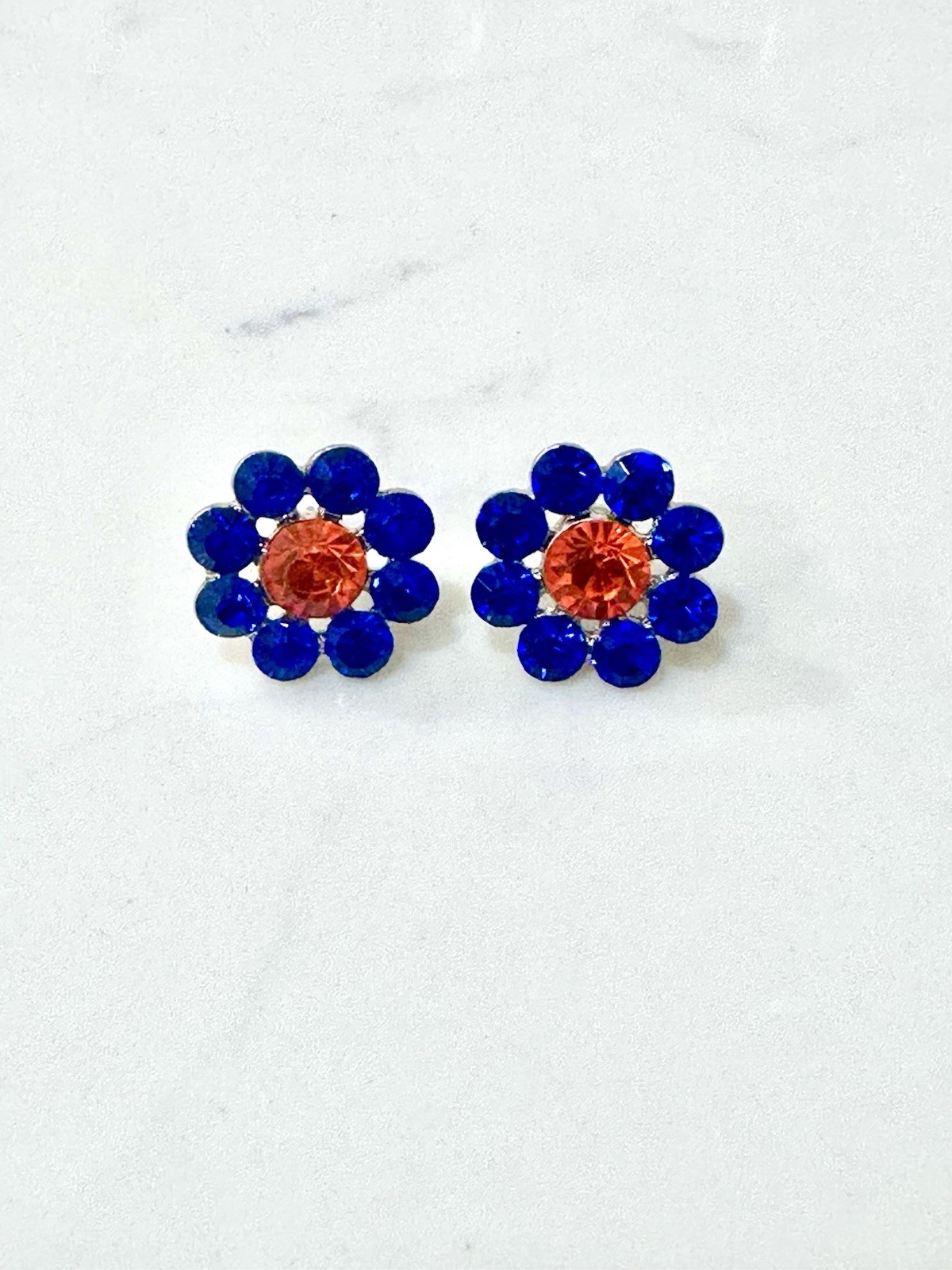 Blue and Orange Rhinestone 1/2 Earrings Silver Tone, Gator, Auburn, Broncos