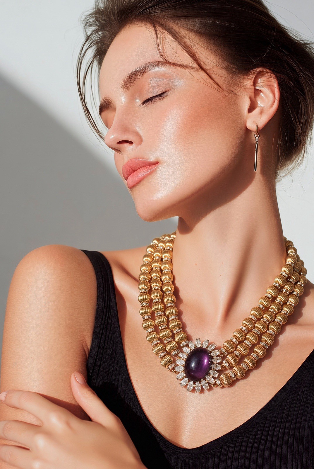 Catwalk Jon Gold Tone Triple Strand Beaded Necklace Oval Purple Pendant