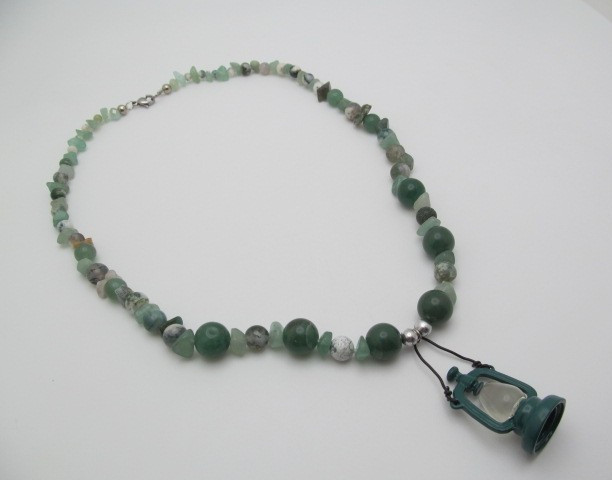 Multi Green Natural Stone Jade Agate Fluorite Enamel & Glass Lantern Necklace