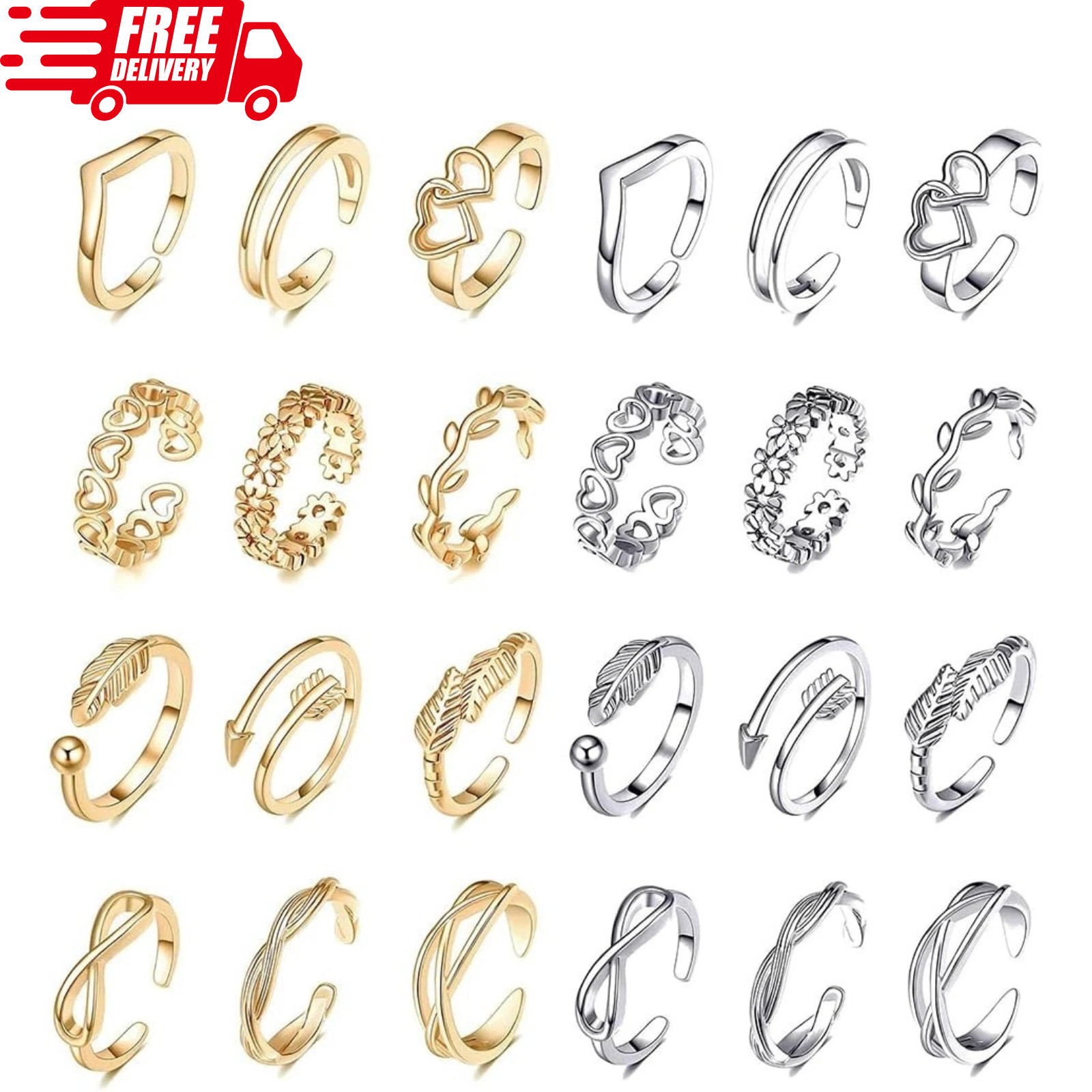 24Pcs Open Toe Rings Set for Women Adjustable Band Knuckle Ring Arrow