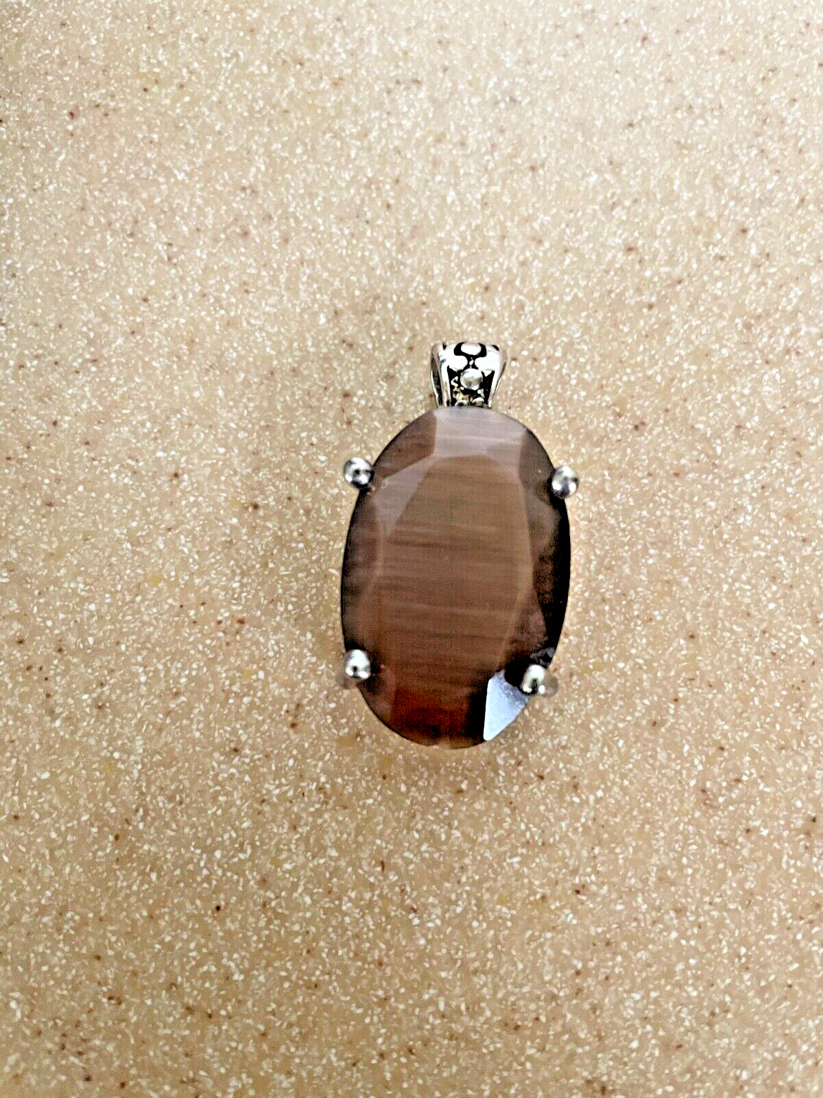 Pendant Brown Beveled Faceted Glass Stone Large Silver Tone Metal 1.5″ EB25