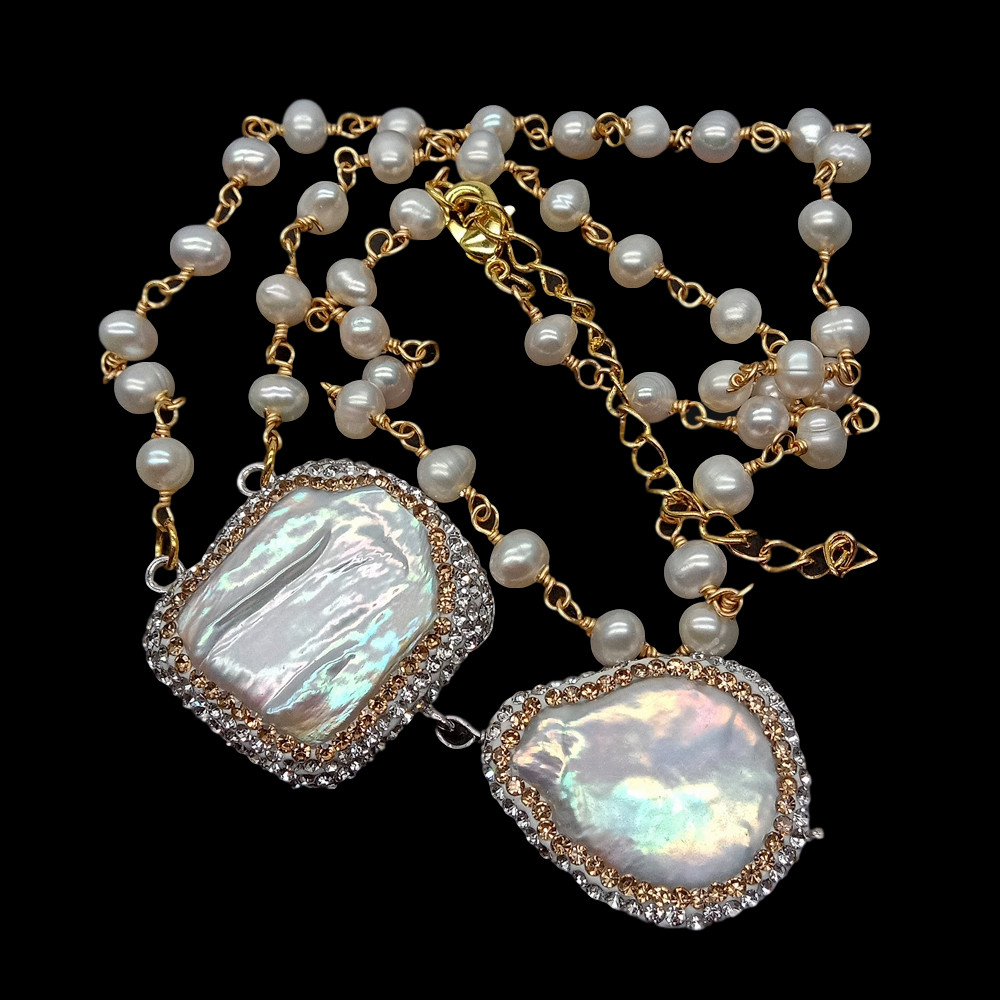 20″ Freshwater Cultured White Pearl Rosary Chain Necklace Keshi Pearl Pendant