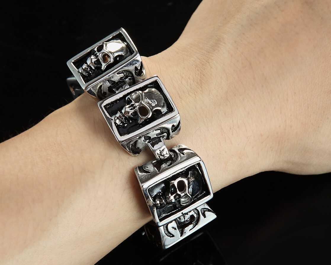 Biker Punk Rocker Square Skull Stainless teel Bracelet Halloween 8.5″ US Seller