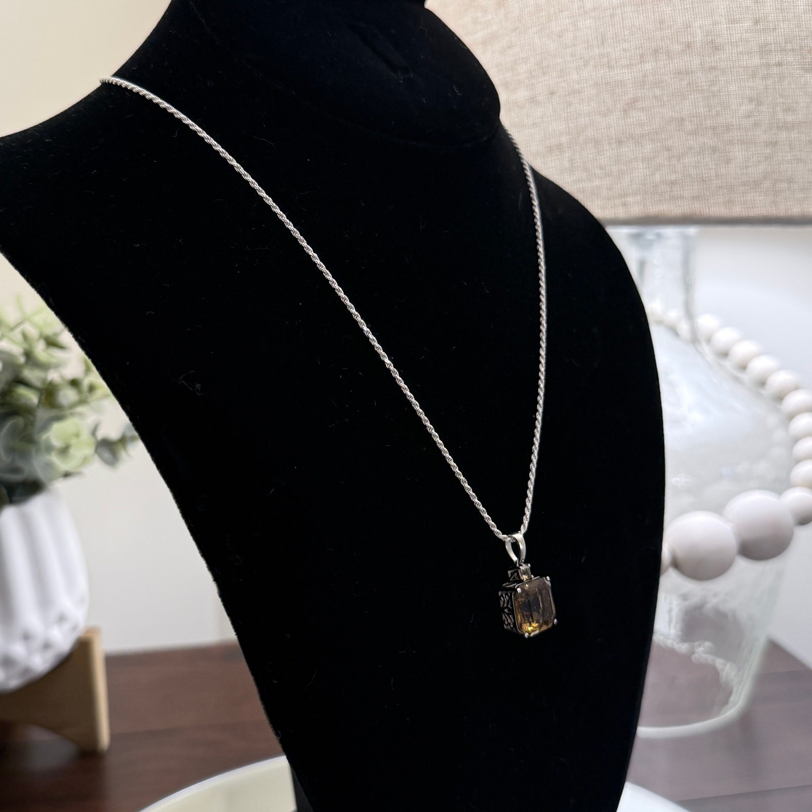 Champagne Quartz 6.71 ctw Square Pendant w/1.4mm Sterling Silver Rope Chain .925