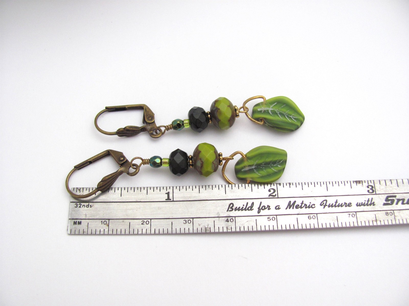 Green Earrings Leaves Hippie Boho Dangle Antiqued Brass Czech Glass Ren Fair