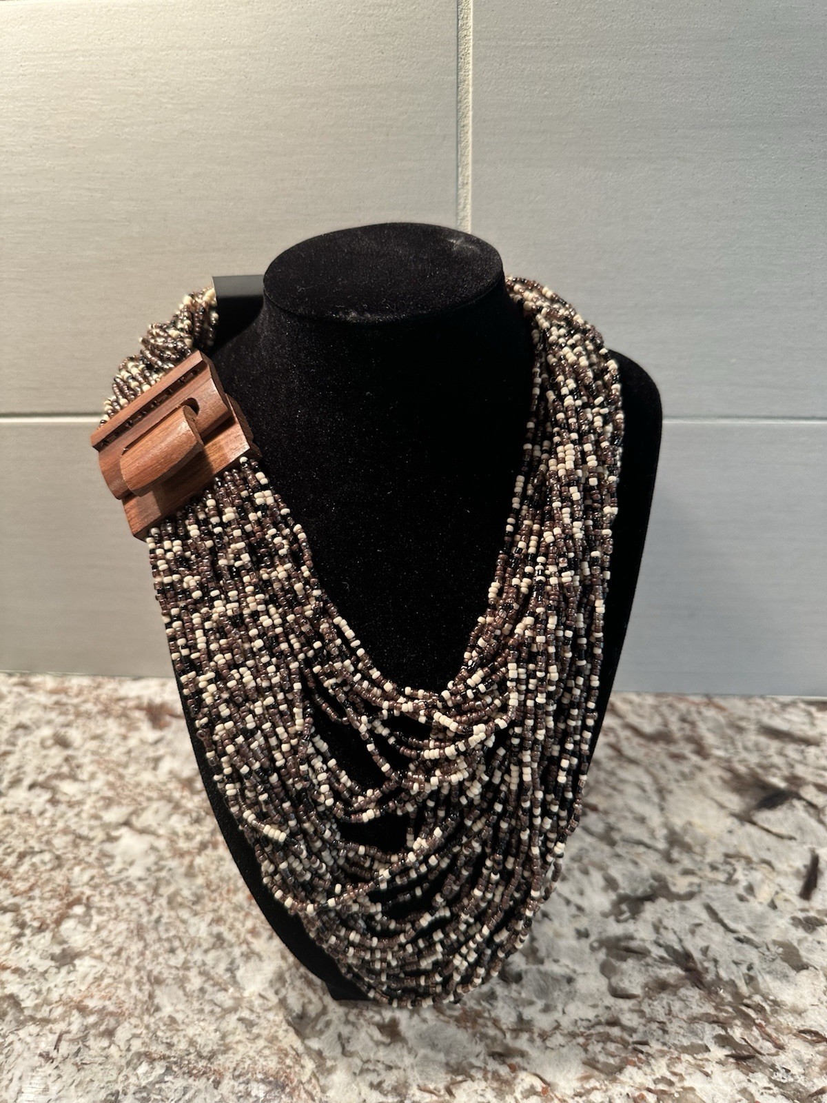 Tanya Creations Brown/Ivory Multi-Strand Beaded Necklace Wood Slide Clasp