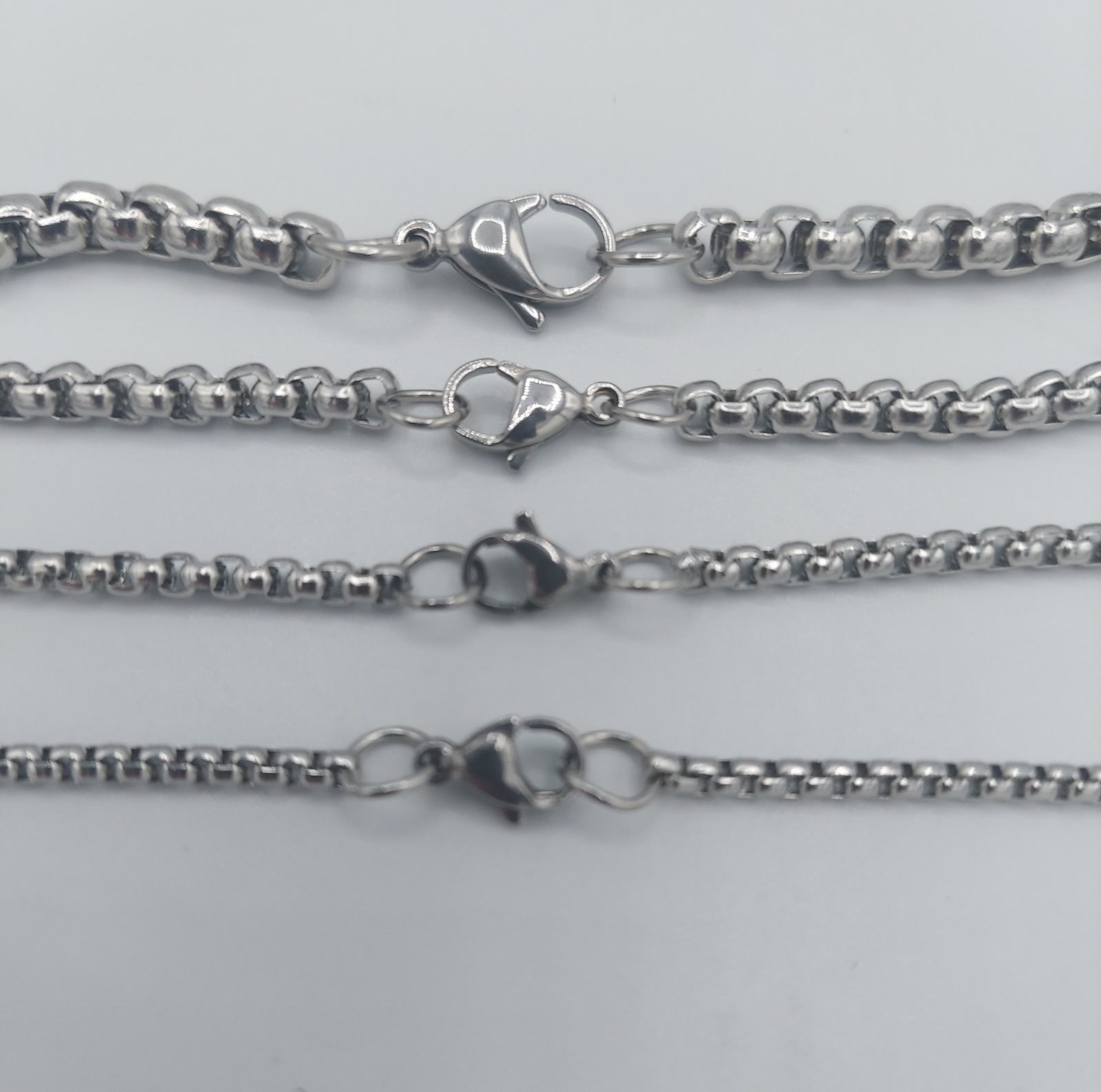 7-36″, 2/2.5/3/4/5/6 mm SMOOTH BOX ROPE STAINLESS STEEL SILVER CHAIN NECKLACE