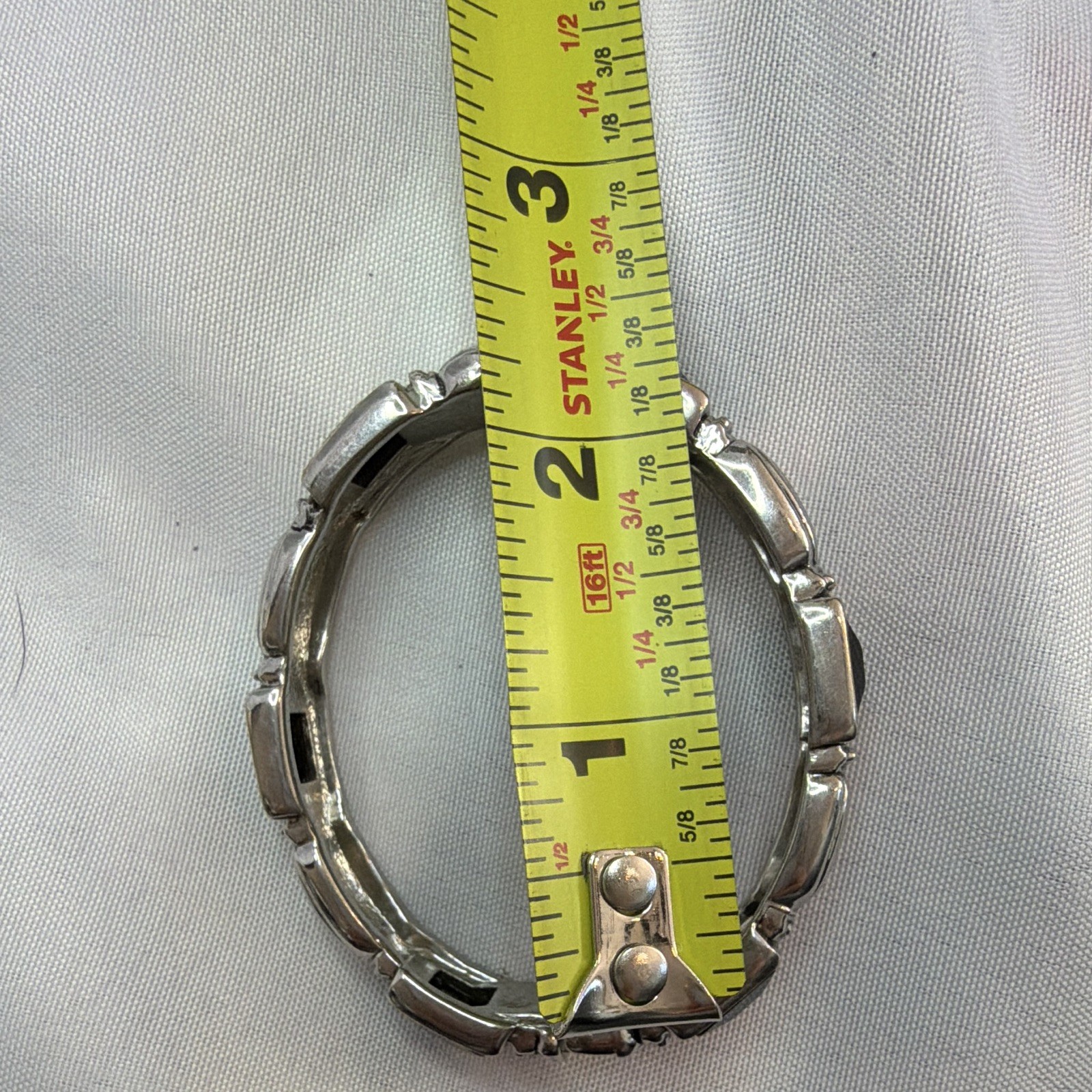 Silver Tone Hinged Bangle Bracelet Black Faceted Stone Gold Tone Accents Vintage