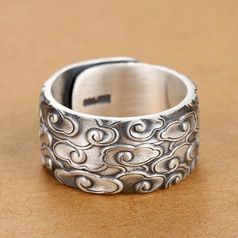 Pure silver auspicious cloud ring with adjustable width and foot silver