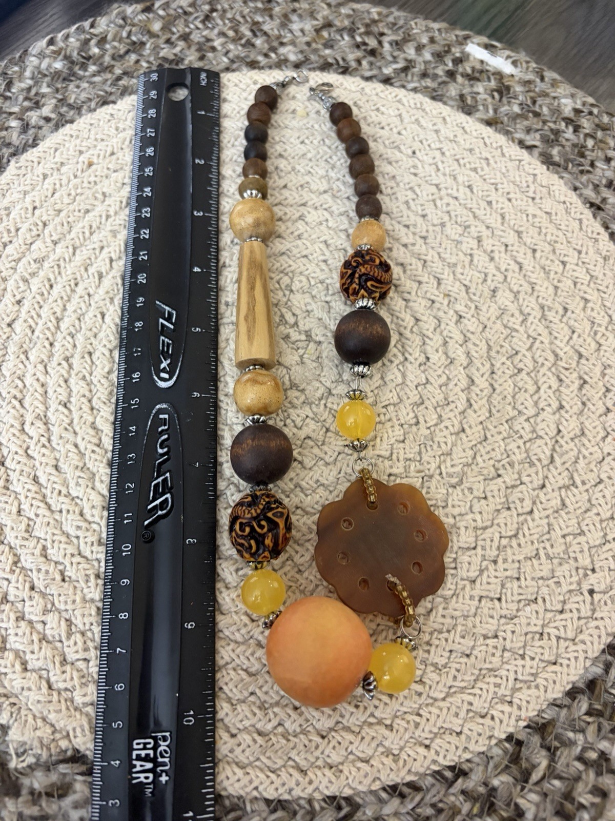 brown yellow wood beaded statement necklace round charm pendant hook 23 in