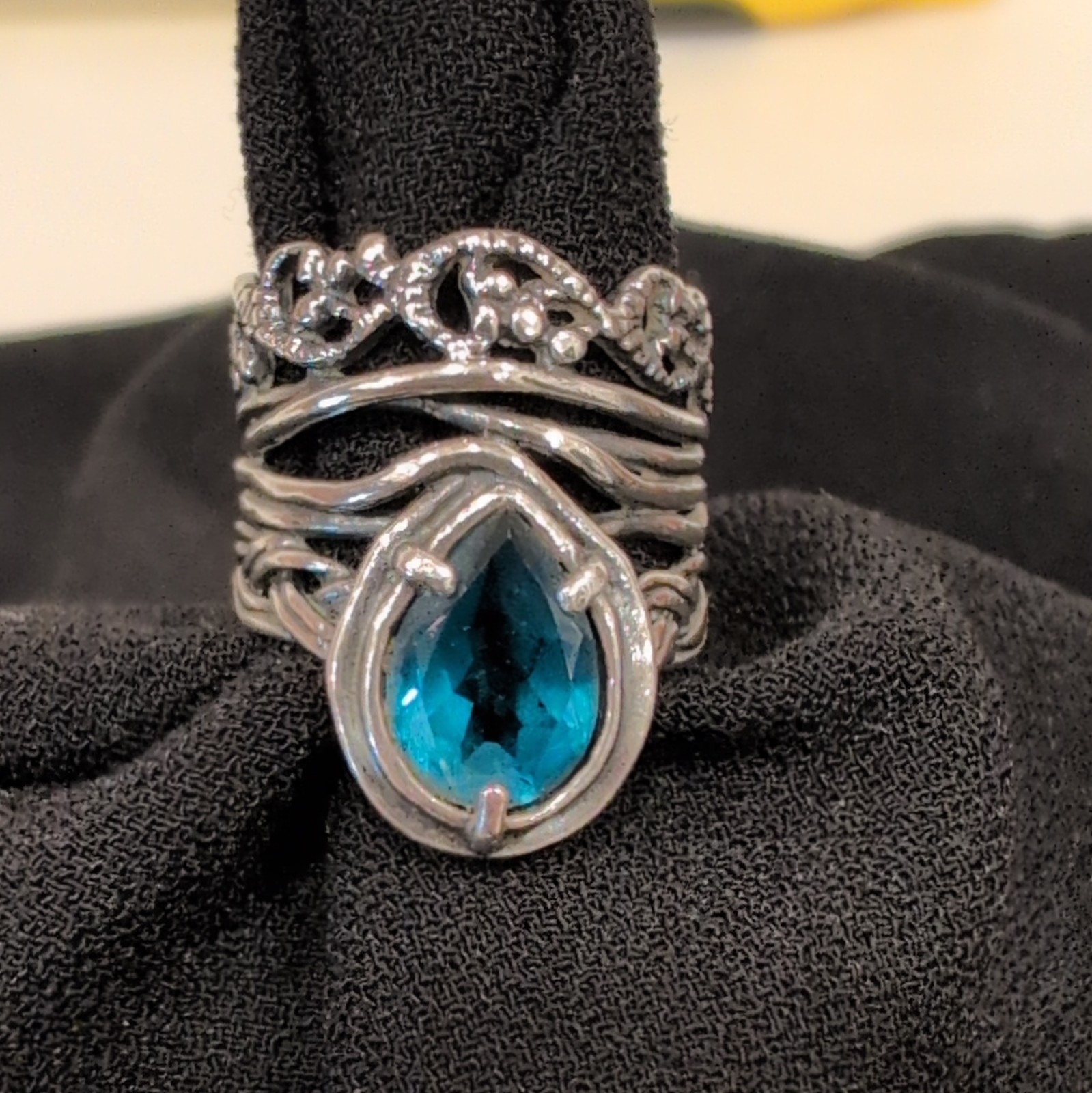 925 Sterling Silver Blue Pear Tear drop Crystal Prong-Set Israel Band Ring SZ 7