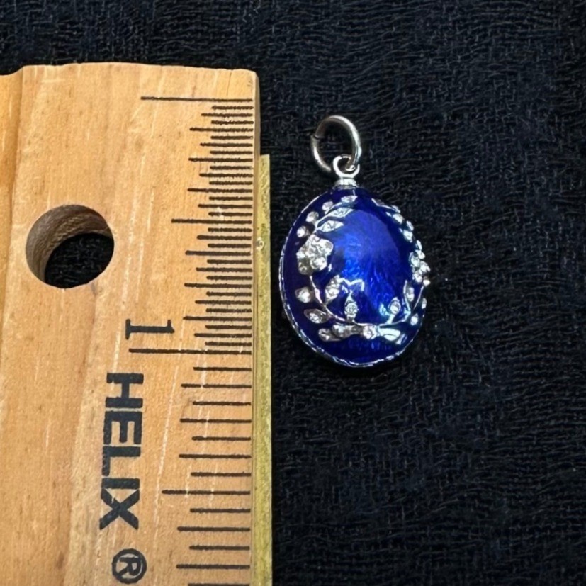 Enamel Rhinestone Egg Pendant Womens Small Cobalt Blue Floral Imperial