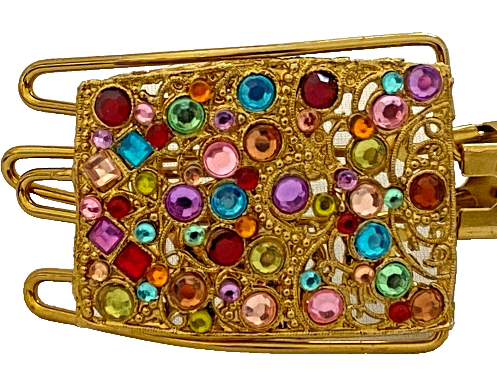 Gold Metal Hair Clip with Colorful Rhinestones & Bells Indian Wedding Jewelry