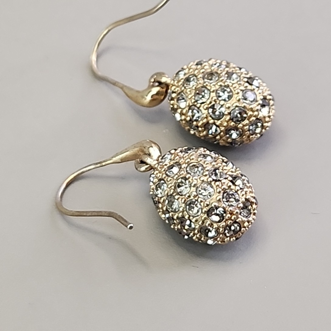 Rhinestone Egg Pierced Earrings Clear Pave Dangle Gold Tone 1″