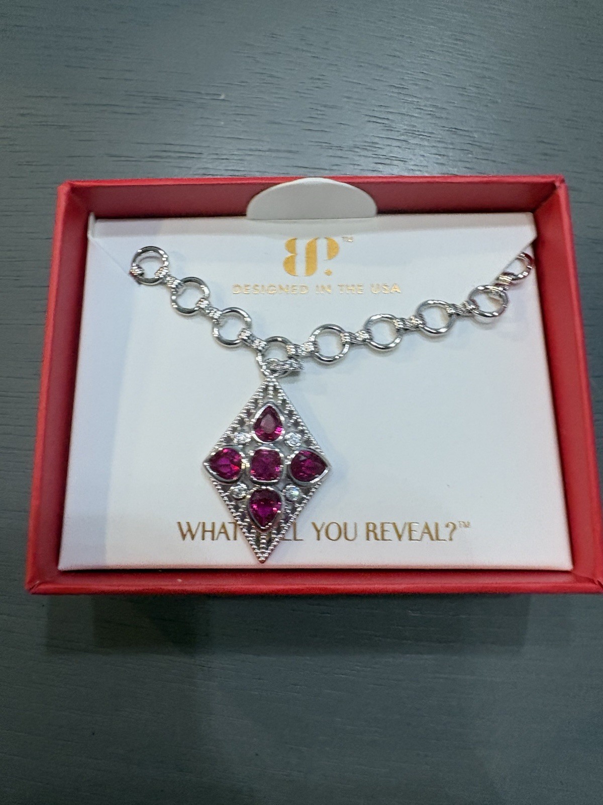 BP Rhodium Plated Lab-Created Pink Ruby CZ Pendant Necklace 18″ Adj NK60409