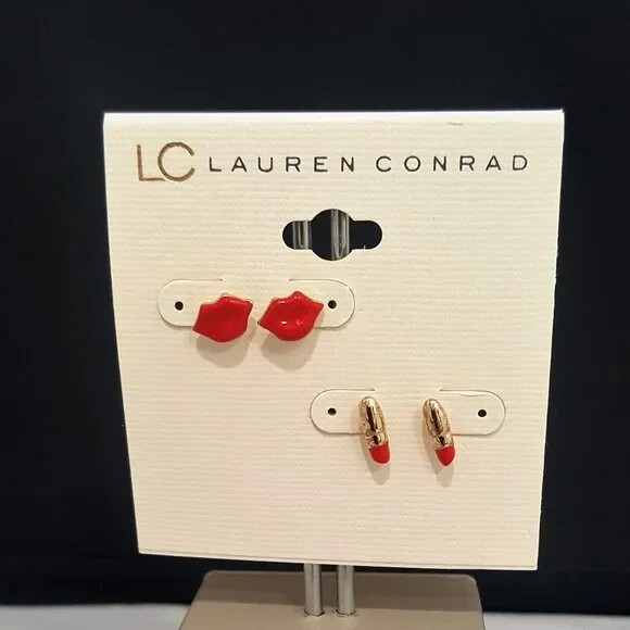 LC Lauren Conrad Gold Plated Red Lips and Lipstick Fun Stud Earrings NWT