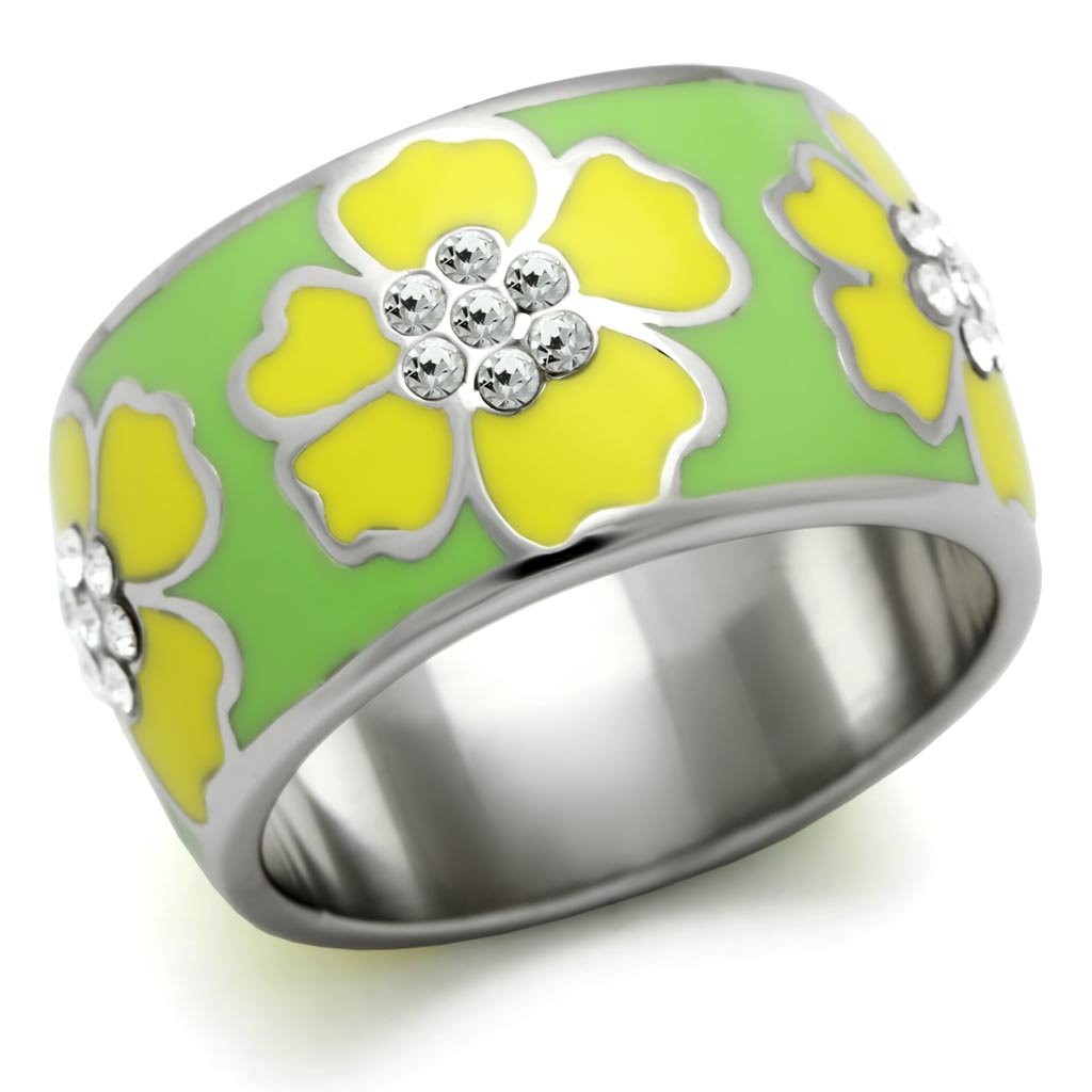 Women’s Floral Ring Band, Stainless Steel, Cluster, Wide Band, Enamel Ring