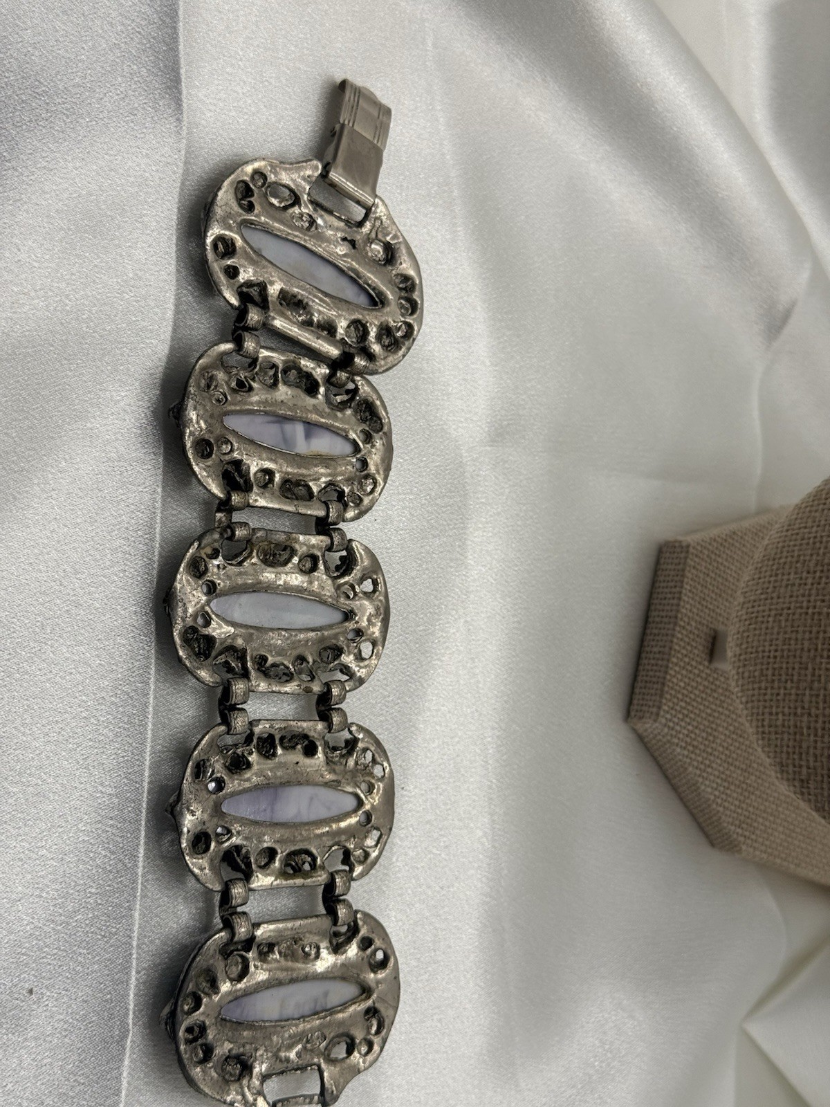 Vintage 1960s Brutalist Silver Tone Link Bracelet Blue Swirl Plastic Cabochons