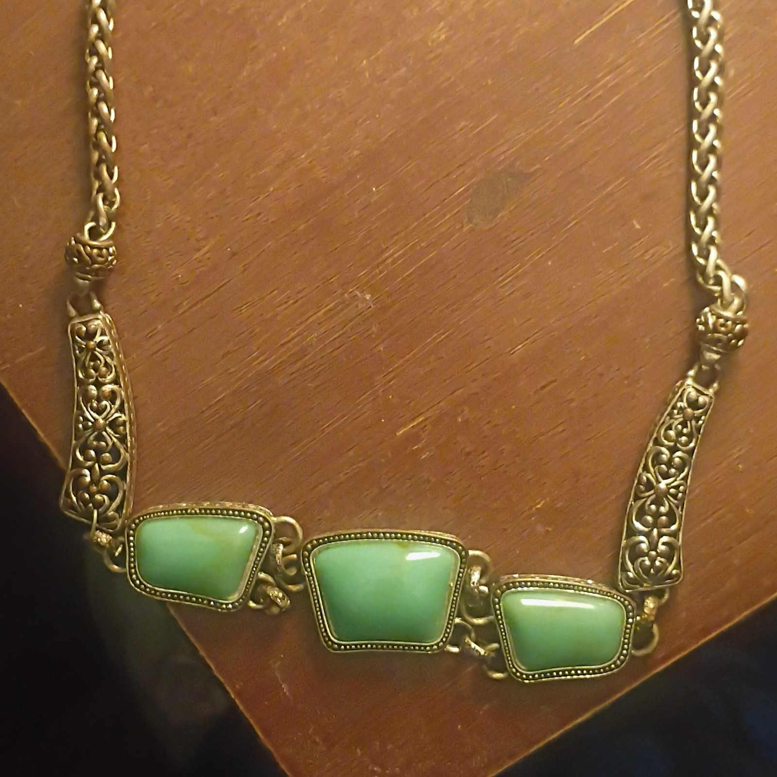 Gold Tone Rope Chain Necklace w/ 3 Green Trapezoid Bezel Stones Beaded