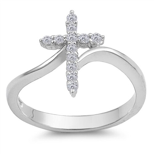 Sterling Silver Woman’s Clear CZ Cross Ring Unique 925 Band New Sizes 3-13