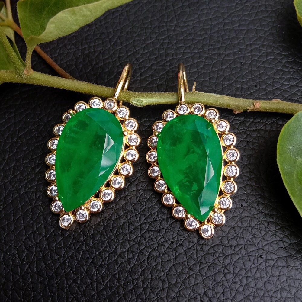 Boho Drop Earrings Green Quartz Clear Cz Teardrop Hook Dangle Earring Jewelry