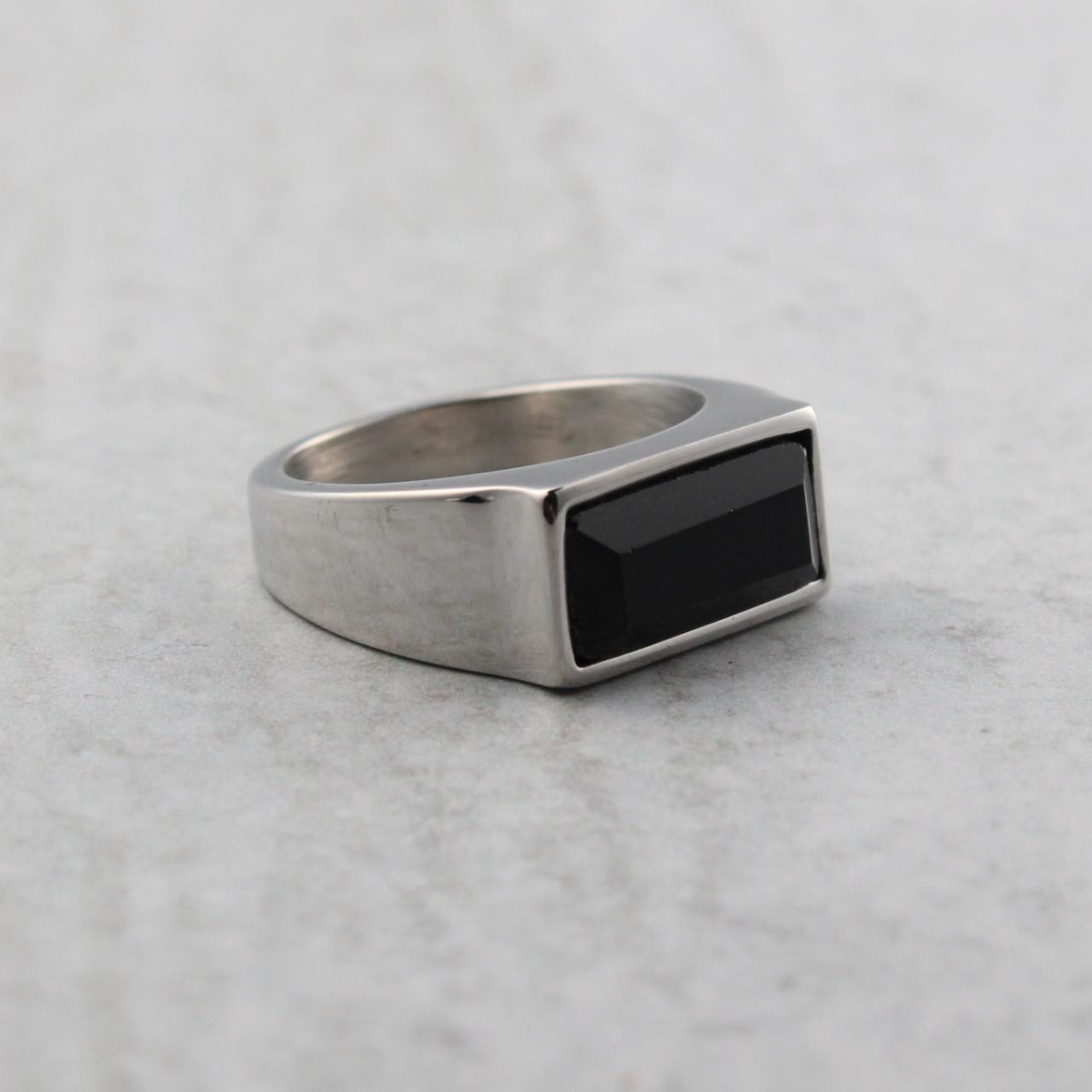 Silver Onyx Rectangle Signet Ring Stainless Steel Pinky Ring
