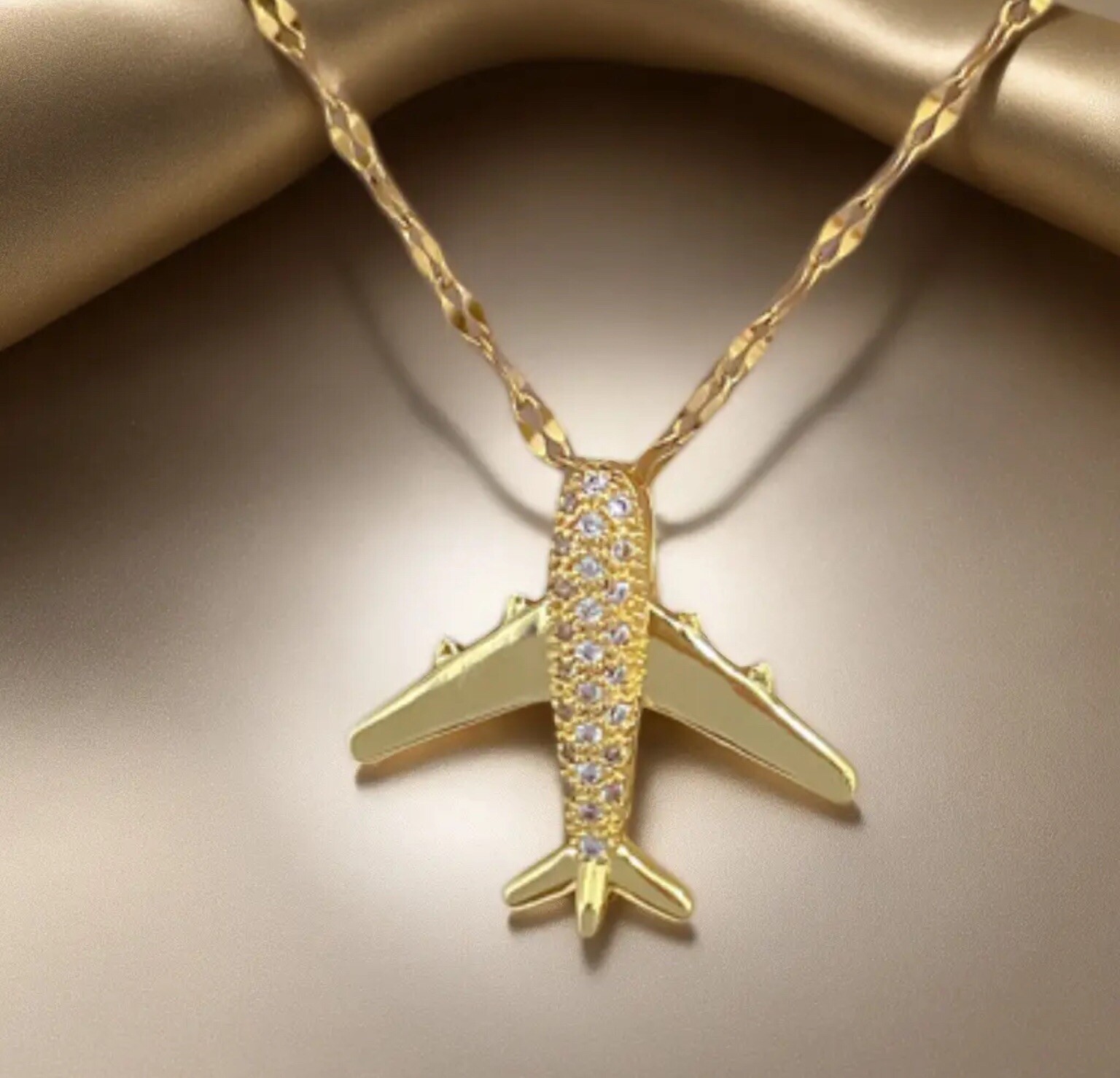 Aircraft Airplane Jet Aviation Pilot Travel Gold Diamond Pendant Necklace