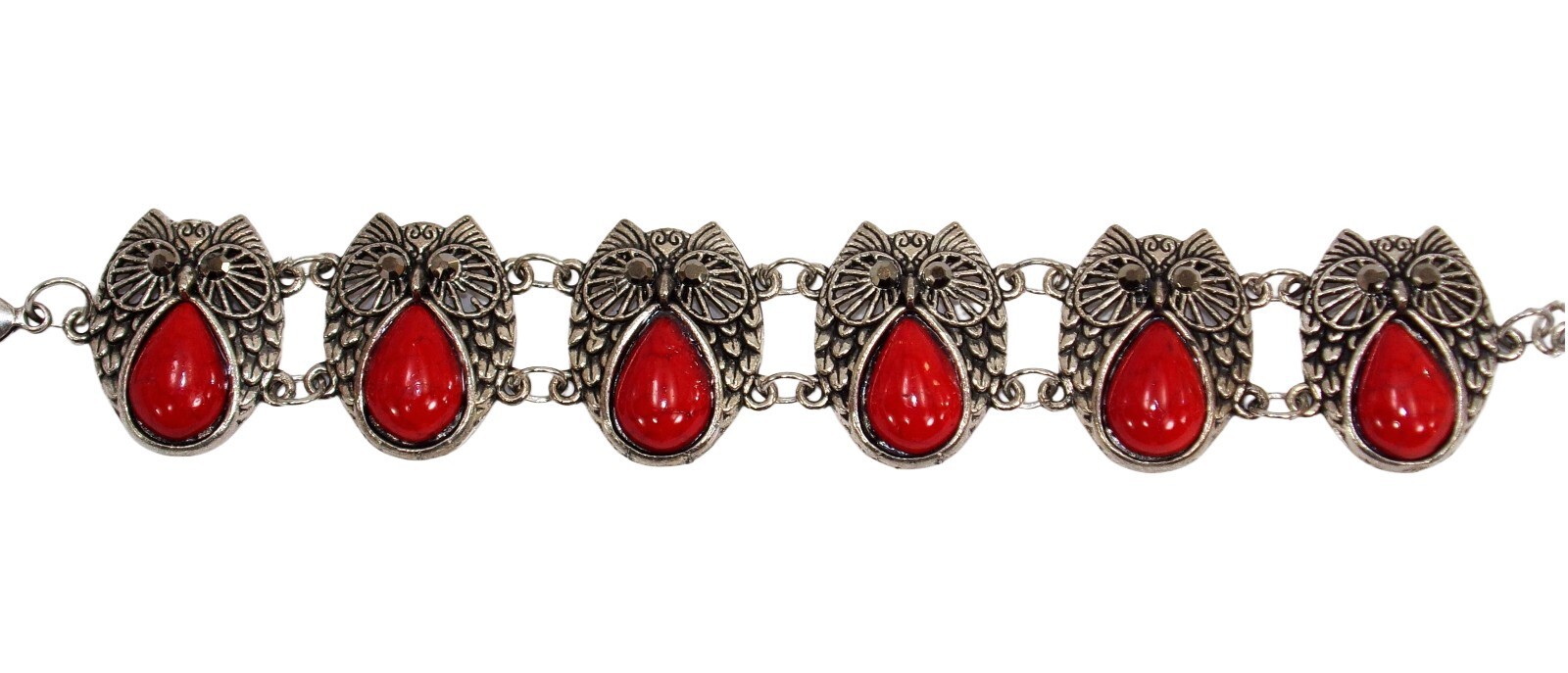 Owl bracelet made with red beads, gray crystal eyes in silver antique finish New