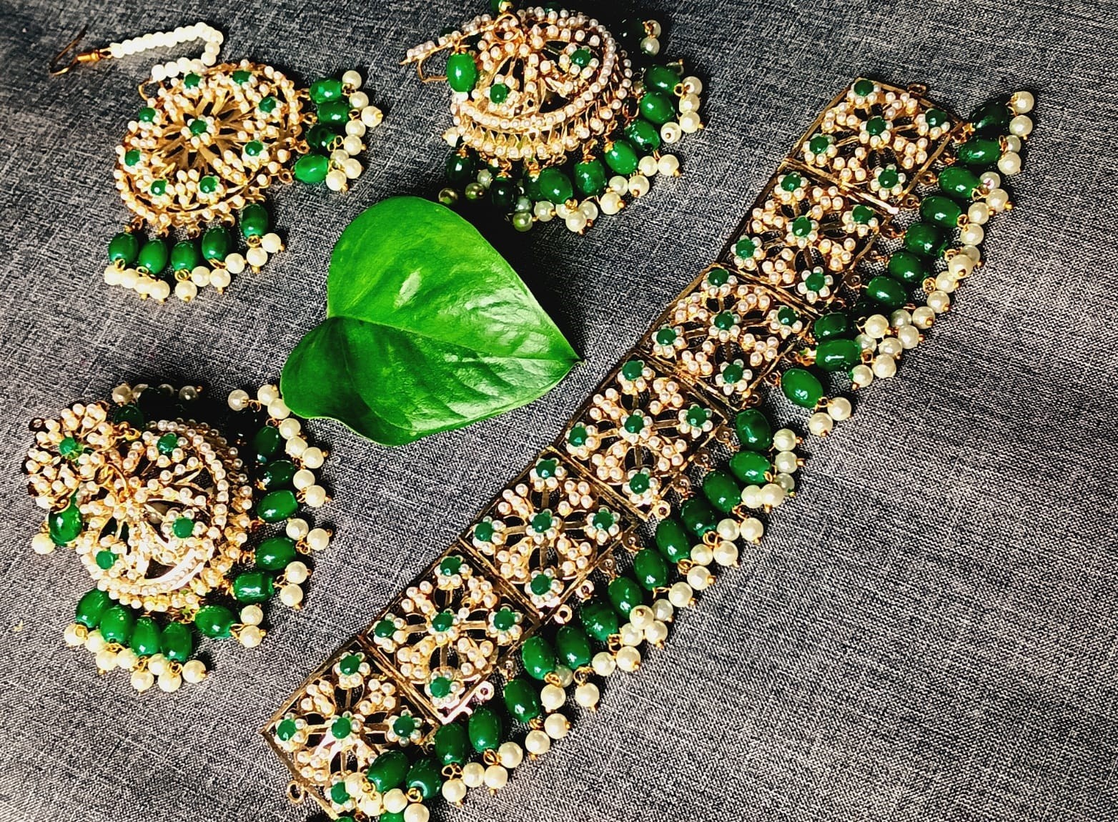 JAYWAR Green Beaded Choker Set Ethnic Bridal Jewelry Earrings & Maang Tikka