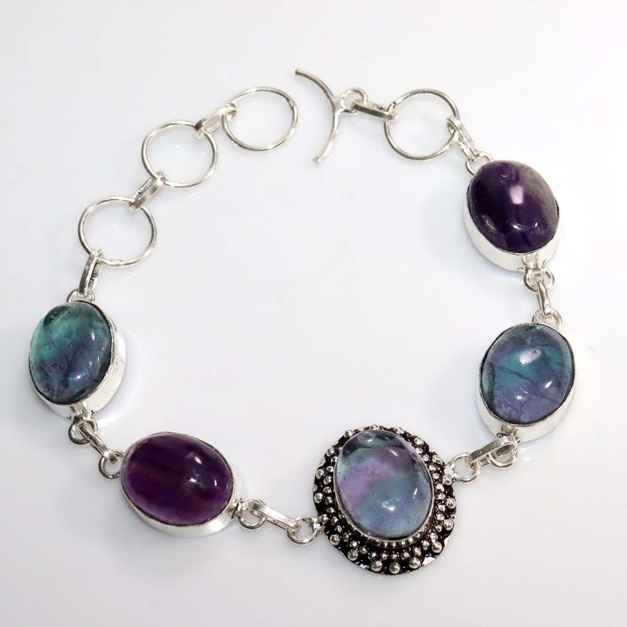 Exclusive Fluorite 925 Silver Plated Bracelet 8.5″ Layering Friendly Design JW
