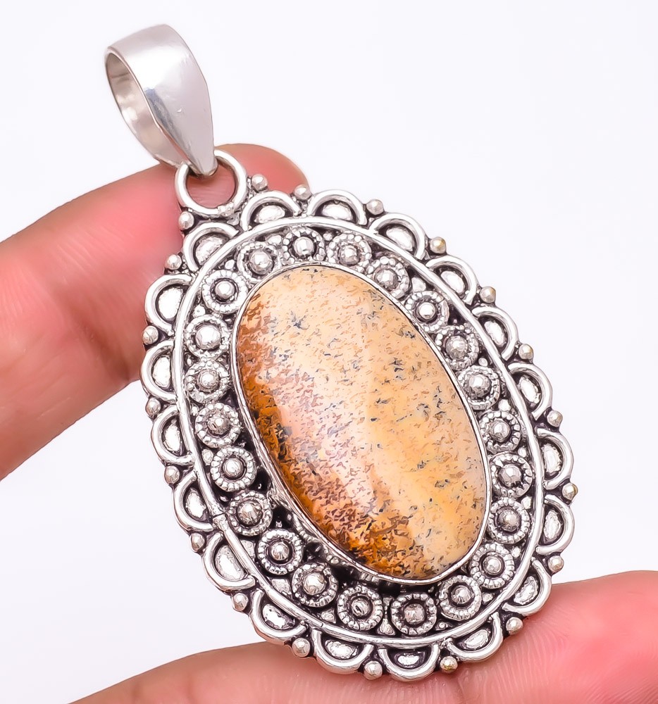 Natural Picture Jasper Gemstone 925 Silver Plated Jewelry Pendant 2.4″ S2721