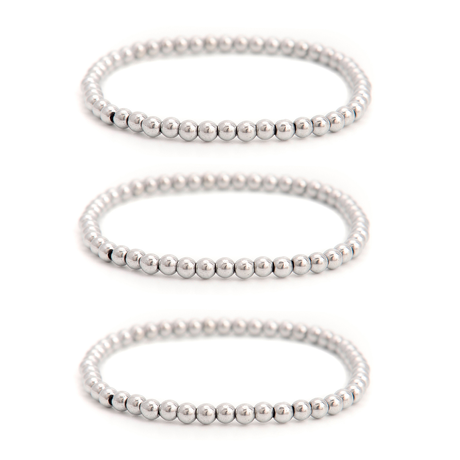 Silver Plated Hematite Smooth Round Beaded Bracelet 4mm 7.5” Length 3 PCS/ Set